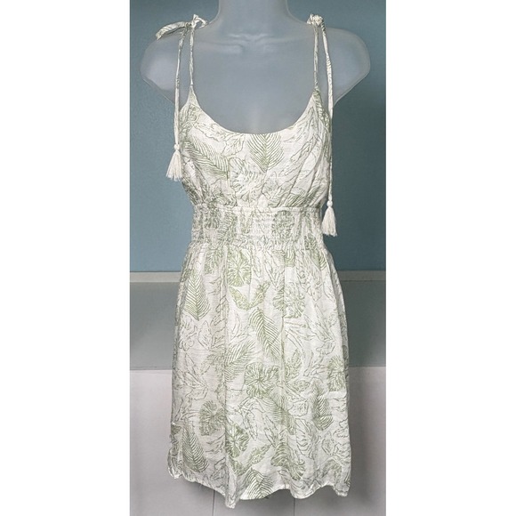 Tropical Medium Sundress Lined Palm Leaf Womens Green White ILLA  Boho Dress - Picture 7 of 12